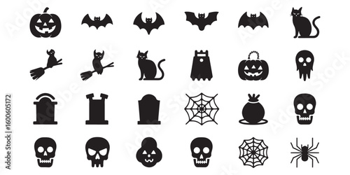 Halloween Icons Black Silhouettes on White Background