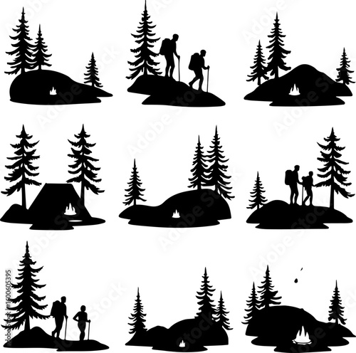hiking, silhouette, group,  outdoors, nature, adventure, walk, vector bundle