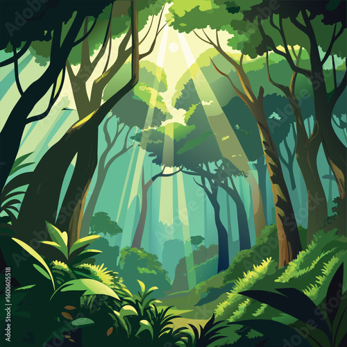Nature Background, Forest, Trees , Grass and sunlight.Sunlit Forest Path: Green Grass and Sunlight Beams






