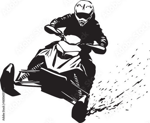 Snowmobile Racing A person speeding across snow-covered terrain on a snowmobile, body leaning forward. full length silhouette black vector illustration