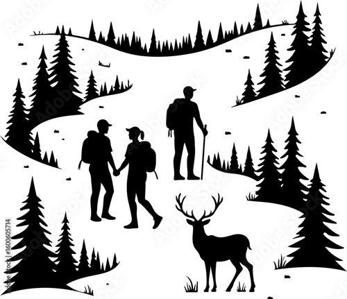 hiking, silhouette, group,  outdoors, nature, adventure, walk, vector bundle