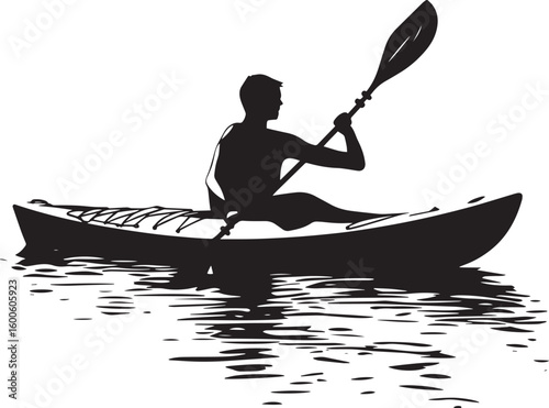Kayak Sprint A black silhouette vector of a person paddling a canoe at high speed across the water.