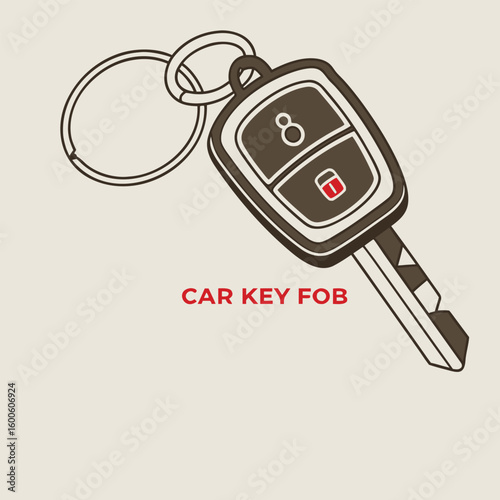 Illustration of a car key fob with a ring, featuring buttons and a key blade design element shown