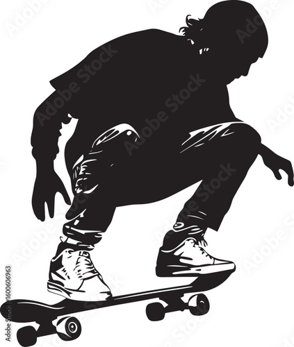 Sliding A skater in a crouching position, sliding the board sideways along the pavement for control or style. full length silhouette black vector illustration