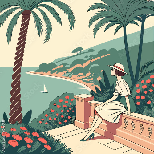 Beautiful Woman on Terrace at French Riviera Resort – Handmade Vector Illustration

