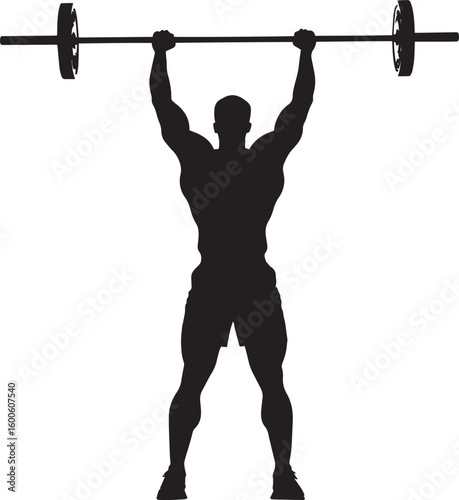 An individual raising a barbell above their head, arms extended, flexing elbows to lower the bar behind. Full-length silhouette black vector illustration.