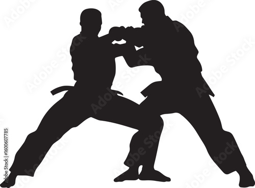 A martial artist lowering their stance and grabbing both legs to take the opponent down. full length silhouette black vector illustration