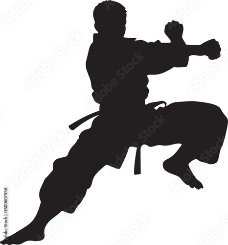 A martial artist executing a kick while performing a full 360-degree spin, with the foot directed toward the target. Full-length silhouette black vector illustration.