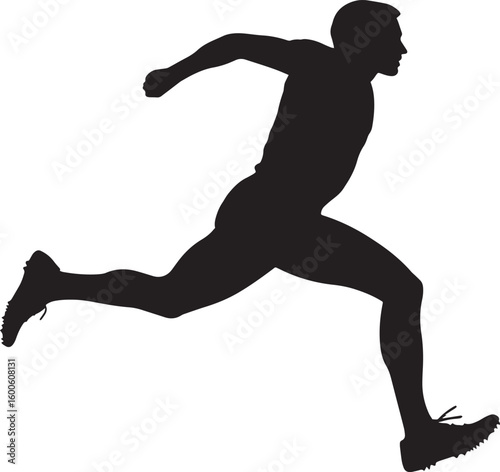 An athlete in the midst of the hop segment of the triple jump, extending one leg ahead. Full-length silhouette black vector illustration.