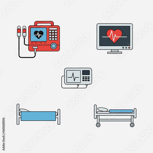 Vector Medical Equipment and Hospital Bed Illustration in Modern Minimalist Style with Red Blue Gray Colors