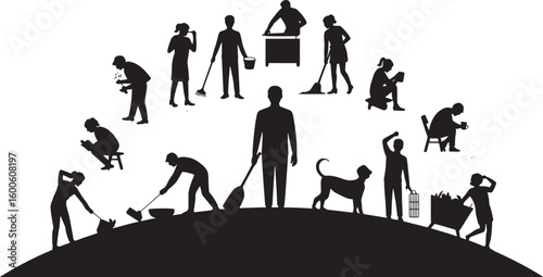 Community Silhouette Collection Diverse Group of People Working Together on a Hilltop Vector