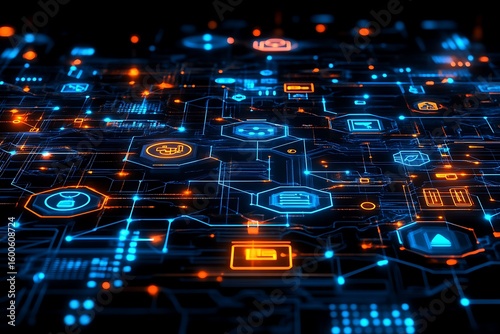 Illuminated Circuit Board Displaying Various Icons And Connections