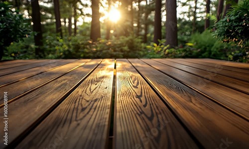 Serene wooden deck at sunset surrounded by lush greenery and tall trees in a tranquil forest setting