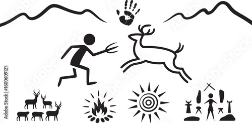 Cave Art Recreation Depicting Hunter with Spear Chasing Deer with Mountains and Handprint
