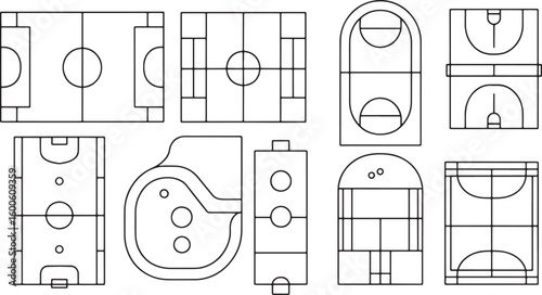 Assorted Sports Field Outlines for Various Games and Activities on a Transparent Background
