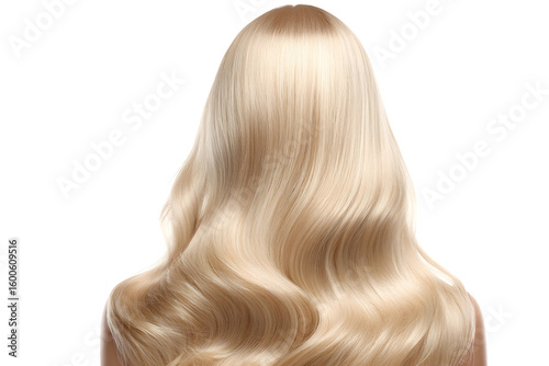 A back view of long wavy blonde hair against a white background in a studio lighting style shot .
