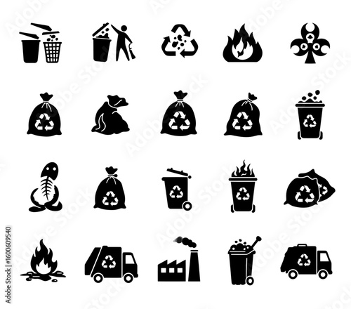 Collection of icons representing waste management recycling and hazardous materials disposal