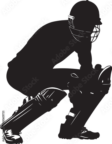 A wicketkeeper crouched low behind the stumps, gloves poised and ready for action. Full-length silhouette black vector illustration.