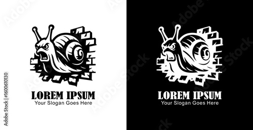 Logo design in the form of a snail destroying a wall in anger