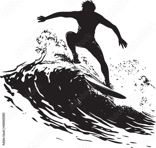 Surfer Floater Maneuver Gliding atop a breaking wave, black silhouette vector.