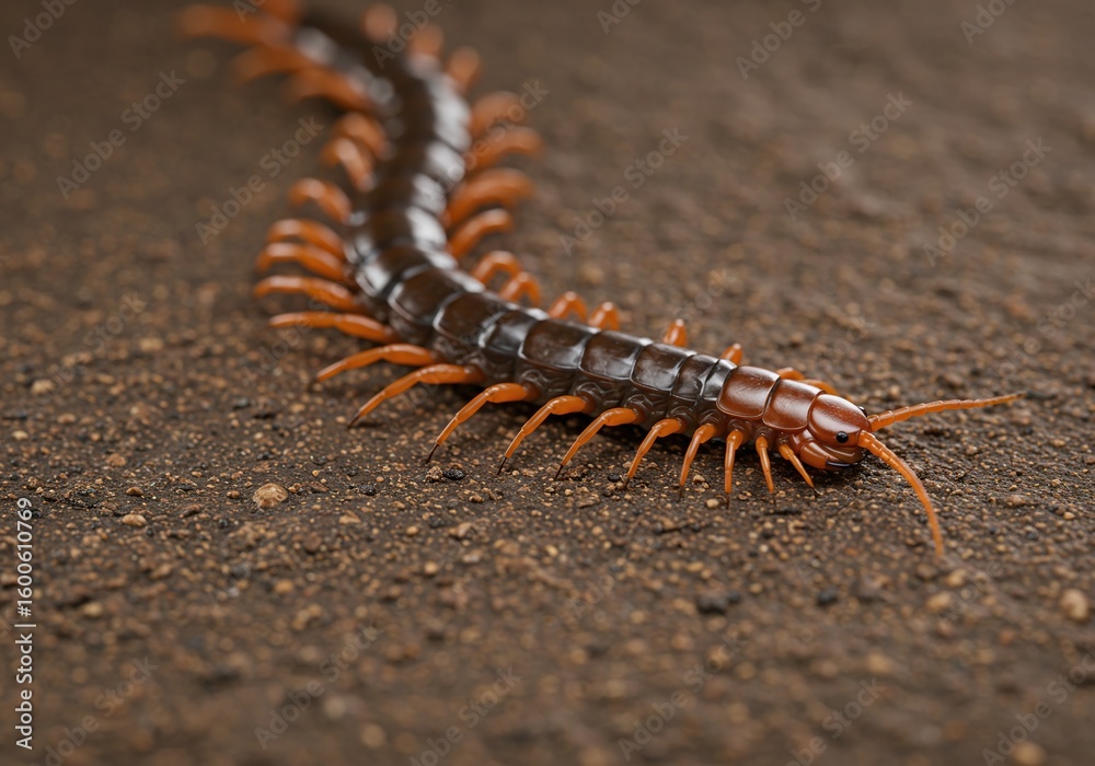 Fototapeta premium Detailed Macro Shot of a Centipede Crawling on Textured Brown Ground