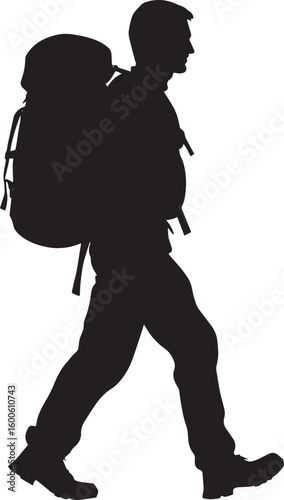 Backpacking Hiker Person walking with a large backpack, slightly leaning forward, black silhouette vector.