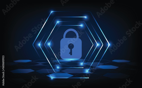 Cybersecurity technology background with glowing padlock and hexagonal digital elements, symbolizing secure data protection, internet safety, privacy, and encrypted access system