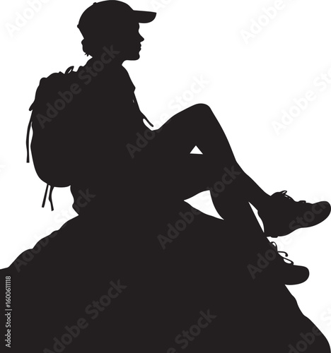 Hiker Sitting on a Rock A person resting, legs stretched or bent, gazing into the distance. full length silhouette black vector illustration