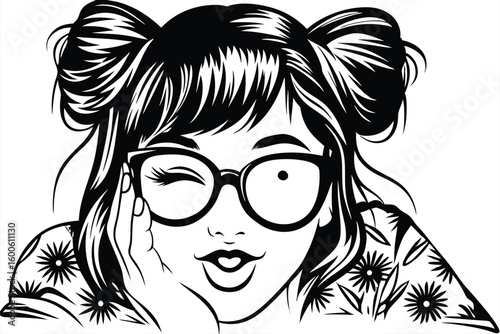 Winking girl with space buns wears glasses and a floral top in monochrome
