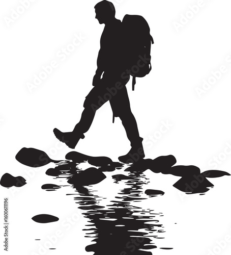 River-Crossing Hiker Person stepping on rocks or wading through shallow water, full-length silhouette vector.