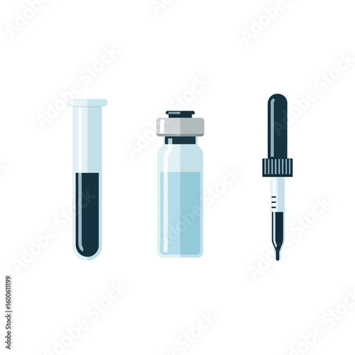 Vector Medical Syringe Vial and Test Tube Illustration in Minimalist Style with Blue Gray Color Palette