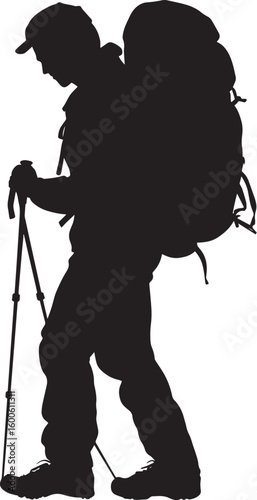 Hiker with Backpack Person adjusting straps or balancing load, black silhouette.