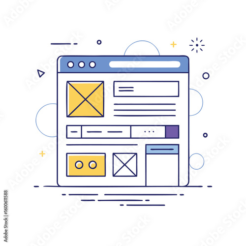 Wireframe sketch of a website layout with placeholder content isolated on white background