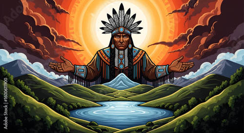 Tribal chief with rivers and sunrise symbolism