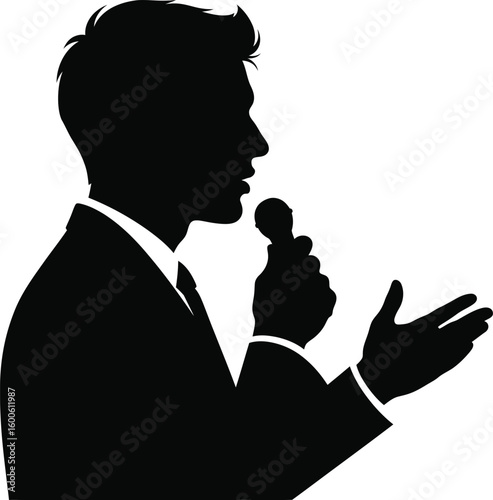 Vector art of a black silhouette of a man in a suit speaking into a microphone and gesturing with his hand seen in profile isolated on transparent background