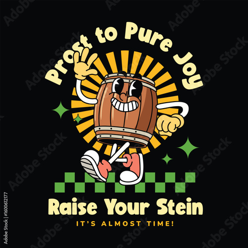 Cute Beer barrel Oktoberfest character cartoon Illustration in retro style