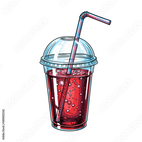 Refreshing soda drink in plastic cup with straw and bubbles  