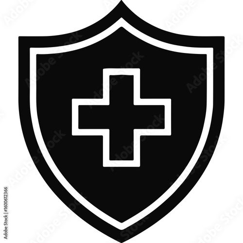 Free Download Healthcare Protection Icon: Black Shield with Medical Cross Symbolizing Safety, Security, Medical Care, and Health Insurance - GFXLoad