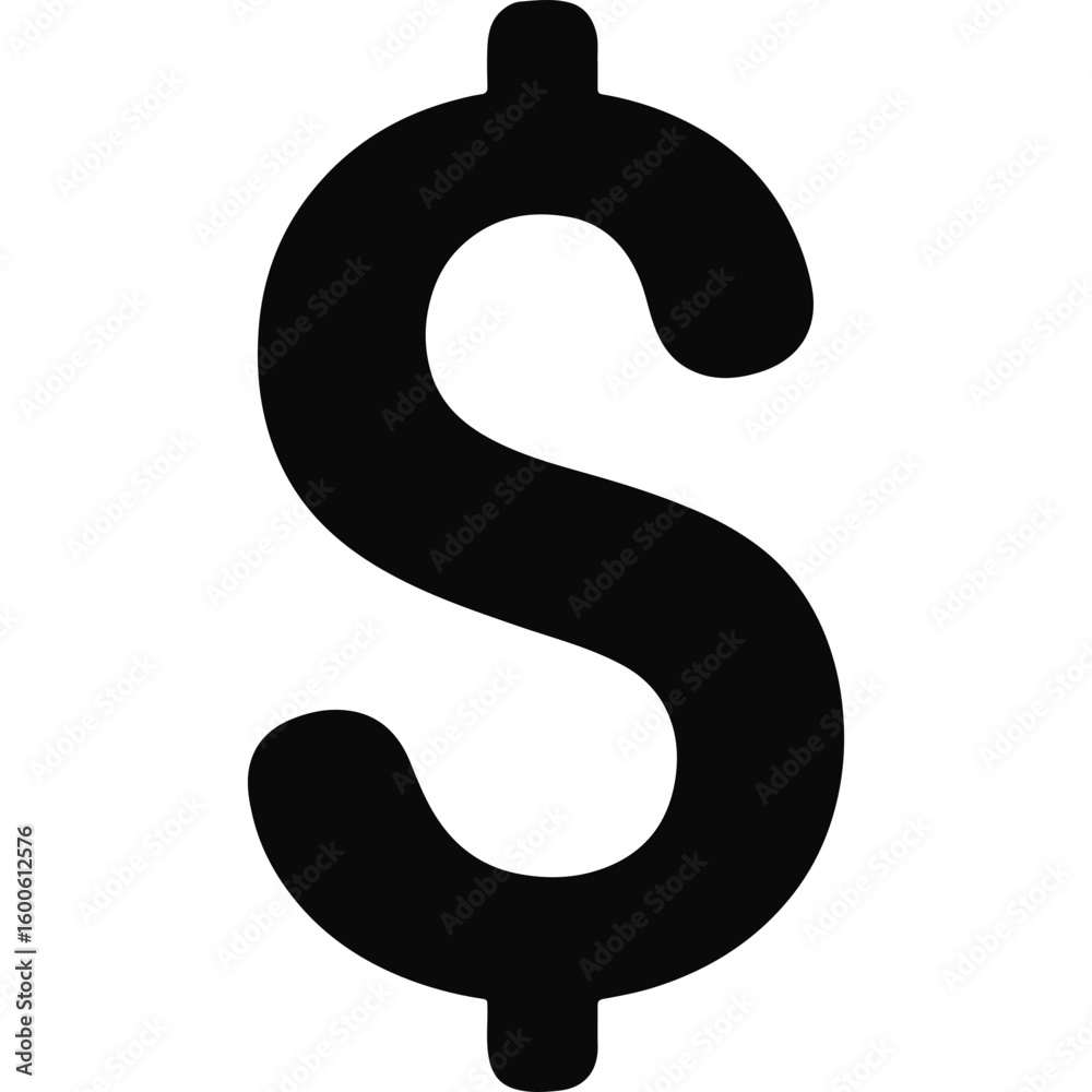 Naklejka premium Minimalist black dollar sign currency symbol icon, representing finance, money, wealth, payment, economy, and business concepts on white background.