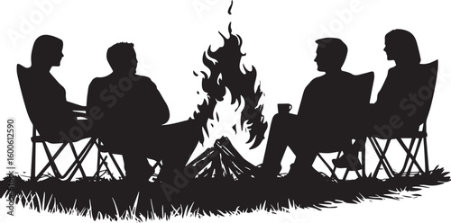 Camp Relaxation Group seated in chairs, enjoying the campfire together, black silhouette.