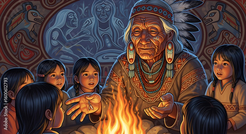 Indigenous elder surrounded by children at night