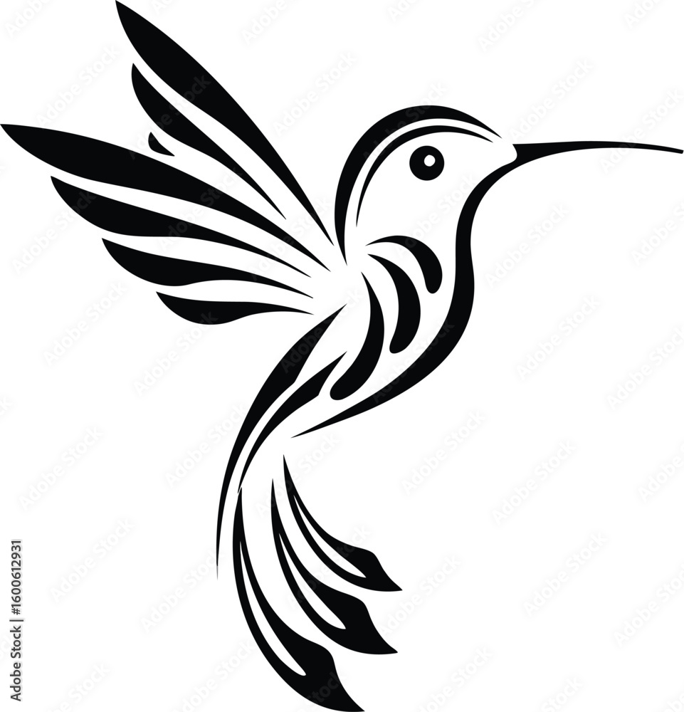 Fototapeta premium Black and white vector illustration of a flying bird with artistic wings and feather details