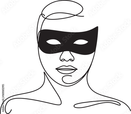 Mysterious Masked Woman Continuous Line Art Portrait on Transparent Background Vector