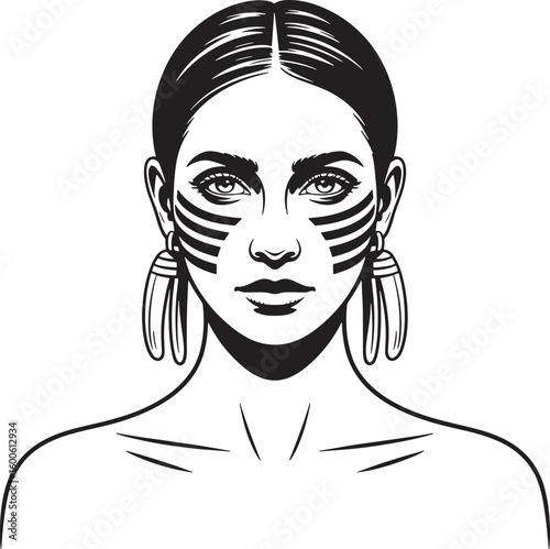 Native American Woman Portrait with Face Paint and Earrings on Transparent Vector
