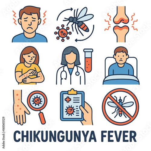 Health infographic vector icon set Chikungunya fever symptoms and effects  