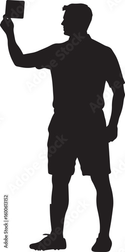 Referee with red card held high, indicating a player's expulsion, silhouette illustration.
