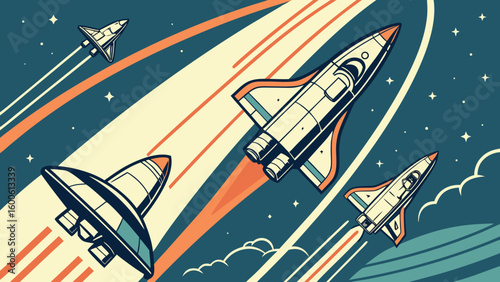 Illustration of space shuttles flying through a starry sky with orange trails and cloud accents