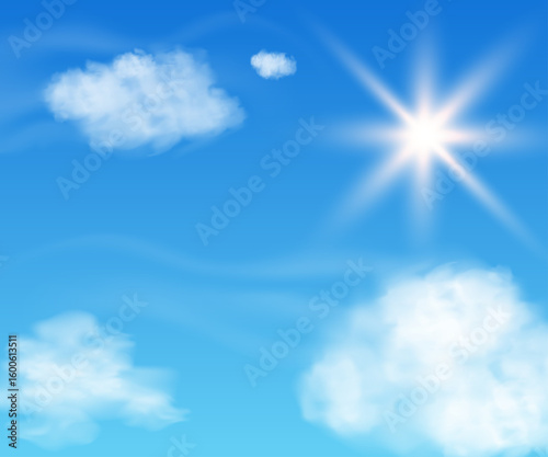 Blue sky with realistic white clouds and shining sun. Soft, fluffy cloud shapes. Vector illustration for background, nature design template, landscape, environment.