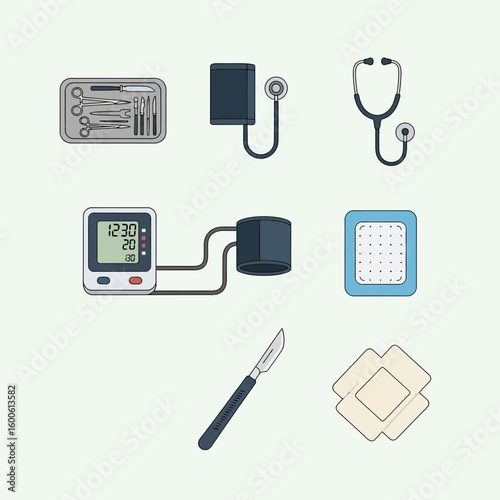 Vector Medical Equipment Illustration with Blood Pressure Monitor Stethoscope and Surgical Knife in Modern Minimalist Style