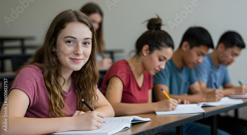 Satisfied young woman looking at camera. Team of multiethnic students preparing for university exam. Portrait of girl with freckles sitting in a row with her classmates during high school exam.